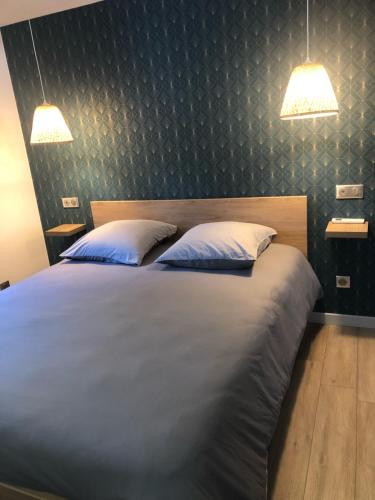 um quarto com uma cama grande e 2 almofadas em Gîte des Allas em Campagne