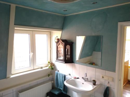 een badkamer met een wastafel, een spiegel en 2 ramen bij Logies de Zeeuwse Klei, een gezellig jaren 30 huis in Middelburg