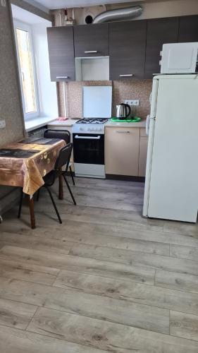 米爾哥羅德的住宿－2-х кімнатна квартира студія у центрі Миргорода，带冰箱和桌子的厨房