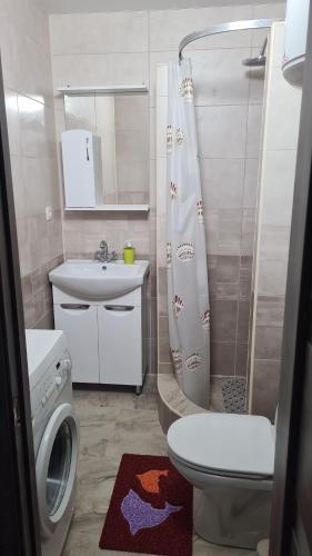 ein Bad mit einem WC, einem Waschbecken und einer Dusche in der Unterkunft 2-х кімнатна квартира студія у центрі Миргорода in Myrhorod
