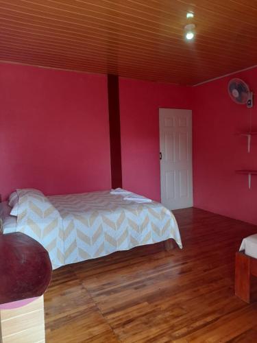 a bedroom with a bed and a red wall at Hostal & Cabins Lidia's House, Forest and Ocean View in Drake
