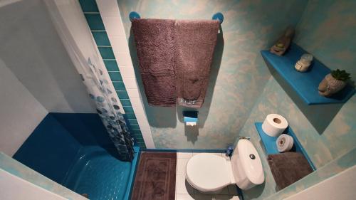 ein Badezimmer mit einem WC und einer blauen Badewanne in der Unterkunft LE BLUE GROUND in Le Diamant