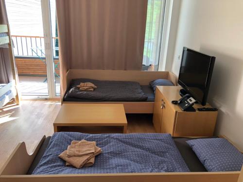 a small room with two beds and a television at Apartma Runi pod Zlato lisico in Pekre