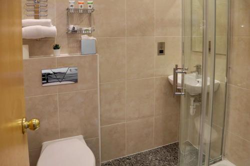 a bathroom with a shower and a toilet and a sink at Best Western Corona Hotel in London