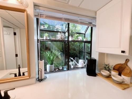 a kitchen with a window with plants and a sink at Just Shy of the Bridge - Waterway Condo 110 in Wilmington