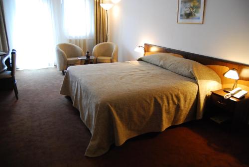 ein Hotelzimmer mit einem Bett und zwei Stühlen in der Unterkunft Hotel Maria in Constanţa