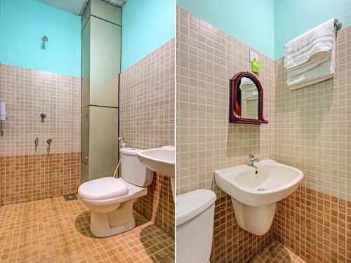 two pictures of a bathroom with a toilet and a sink at Aaram Beach Resort in Kannur