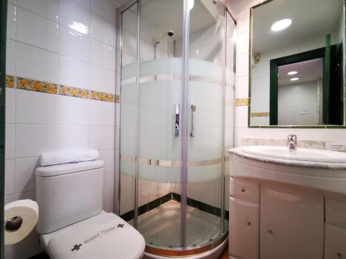 a bathroom with a shower and a toilet and a sink at IMEDA Apartamento Salvia Dos Dormitorios in Sierra Nevada