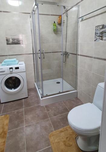 ein Badezimmer mit einer Dusche, einem WC und einer Waschmaschine in der Unterkunft апартаменти квартира in Chortkiv