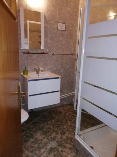 a bathroom with a sink and a toilet and a mirror at Casa Regala EAR in Craiova