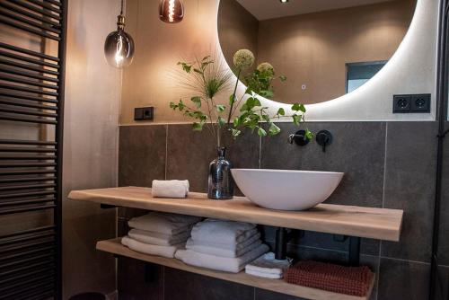 a bathroom with a bowl sink and a mirror at B and B Suite No.3 in Gorinchem