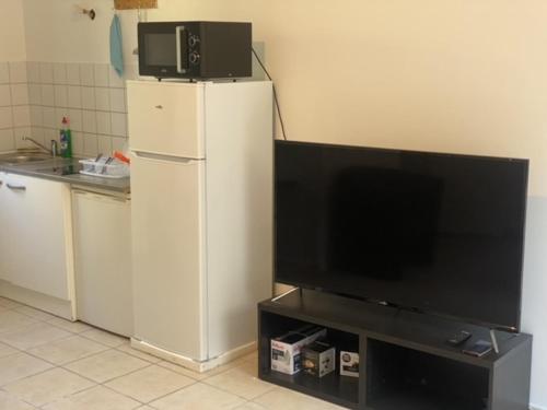 a television and a white refrigerator in a kitchen at Charming 1-Bed Apartment 20 mins to Paris by train in Goussainville