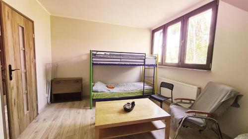 a small room with a bunk bed and a table at W20 Hostel in Golędzinów