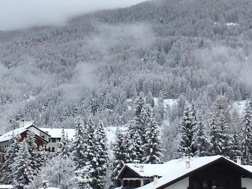 einen schneebedeckten Berg mit einem Haus und Bäumen in der Unterkunft Hotel Derby Bar in Sauze dʼOulx