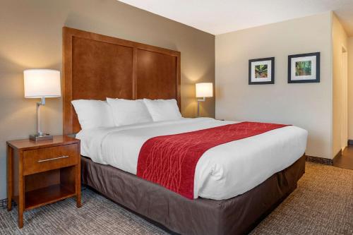 a hotel room with a large bed with a red blanket at Comfort Inn La Porte in LaPorte
