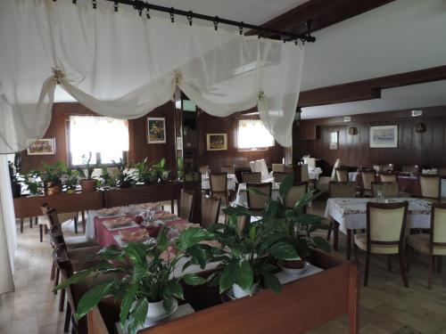 uma sala de jantar com mesas, cadeiras e plantas em Bed and Breakfast Victoria em Ogulin