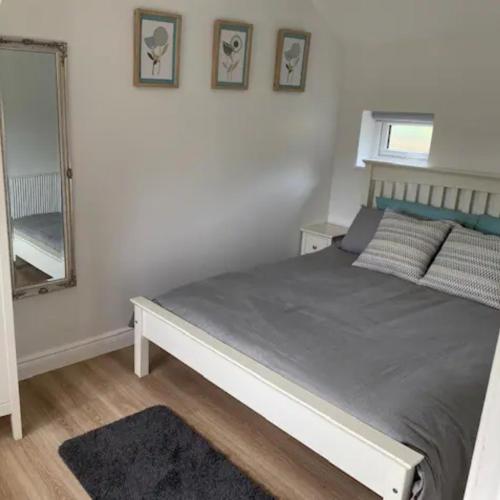 a bedroom with a large bed with a mirror at Haven Oaks - Self Contained Rural Lodge 1 in Shedfield