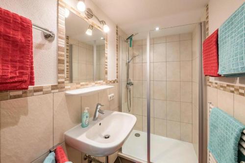 La salle de bains est pourvue d'un lavabo et d'une douche. dans l'établissement Biohof Vorderreith, à Jochberg