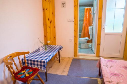 une table et une chaise dans une chambre avec toilettes dans l'établissement Family farm Jezera, à Žabljak