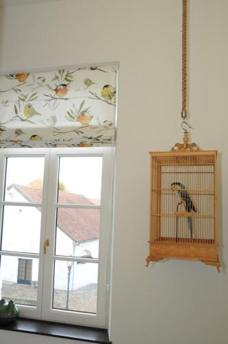 a bird in a bird cage next to a window at Hotel Abdijhof Thorn in Thorn