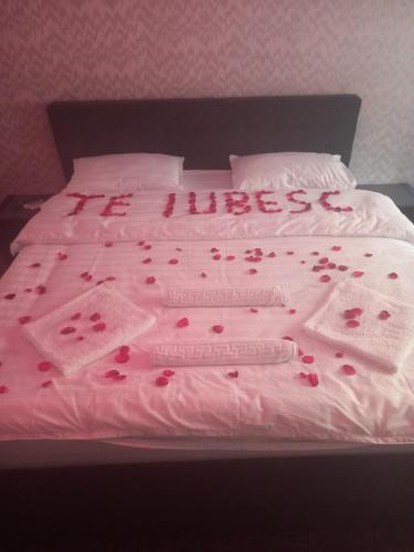 a bed with red rose petals on it at Ely's Mansion-24h Check-in in Bucharest