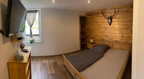 sala de estar con cama y TV de pantalla plana en Ferienwohnung Haasen, en Lauscha