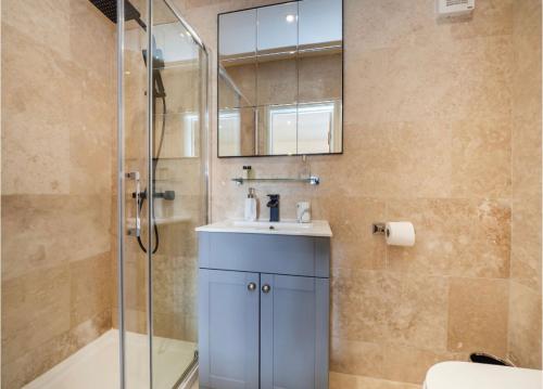 een badkamer met een wastafel en een spiegel en een douche bij Enchanted Cottage in Salhouse