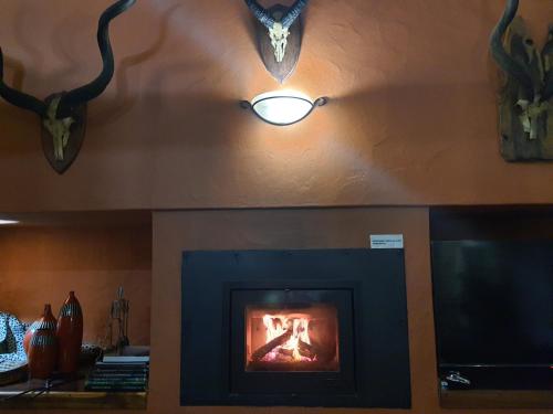 a fireplace in a room with antlers on the wall at Winterton Country Lodge @ Rose Cottage in Winterton