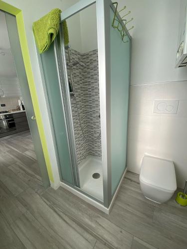 a bathroom with a glass shower and a toilet at Residenza I Laghi in Porlezza