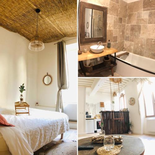 une salle de bains et une chambre avec un lit et un lavabo. dans l'établissement LE BALI, T2, Hyper centre, à Mâcon