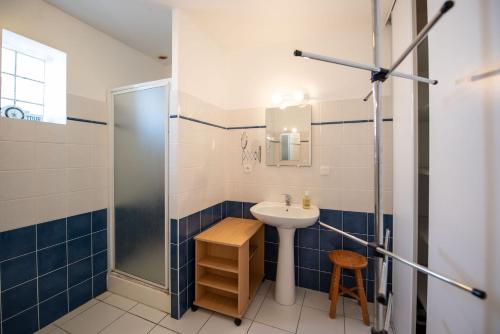 une salle de bain avec un lavabo et une douche dans l'établissement Un sejour a huit dans cette grande maison a Saint Gilles Croix de Vie, à Saint-Gilles-Croix-de-Vie