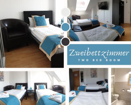 two beds in a room with blue and white at Pension Alabama in Lutherstadt Wittenberg