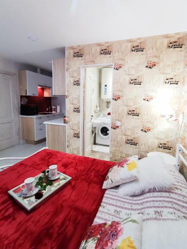 a bedroom with a bed with a tray of food on it at Central Riverside Apartments in Jēkabpils