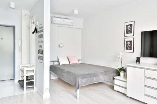 Zakątek na Saskiej Kępie في وارسو: غرفة نوم بيضاء مع سرير ومغسلة