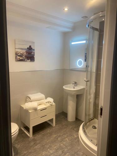 La salle de bains est pourvue de toilettes, d'un lavabo et d'une douche. dans l'établissement Bow Serviced Apartments, à Glasgow