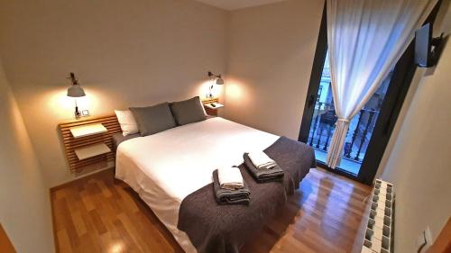 a bedroom with a large bed and a large window at L'Astrolabi in Ripoll