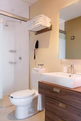 a bathroom with a toilet and a sink and a mirror at The View Hotel by Covalia in San Luis Potosí