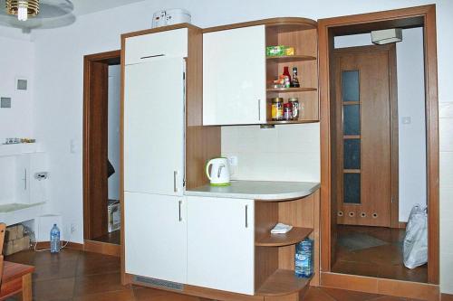 a kitchen with a counter and a refrigerator at holiday home, Kretowiny in Kretowiny