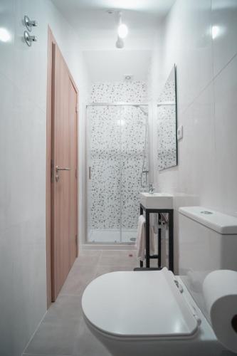 a white bathroom with a toilet and a shower at Harbour49 - AVEIRO FLATS & SUITES in Aveiro
