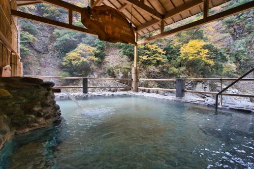 a pool of water in a cabin with a waterfall at Iya Onsen in Miyoshi