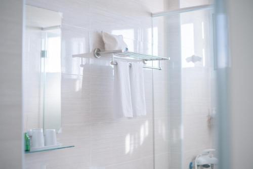 台東市的住宿－台東小旅行公寓，带淋浴的浴室和毛巾架