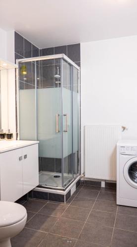 une salle de bain avec douche et machine à laver dans l'établissement *DISNEYLAND/SERRIS* APPARTEMENT idéalement situé, à Serris