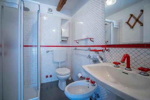 ein Bad mit einem WC, einem Waschbecken und einer Dusche in der Unterkunft FLUX apprtamento direttamente sul lago dOrta in Pettenasco