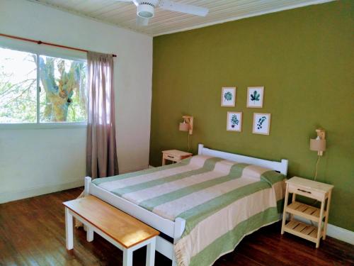 a bedroom with a bed with green walls and a window at Delta Tigre in Tigre