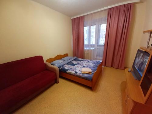 スィクティフカルにあるСomfort Apartment Radugaのベッドルーム1室(ベッド1台、ソファ、窓付)