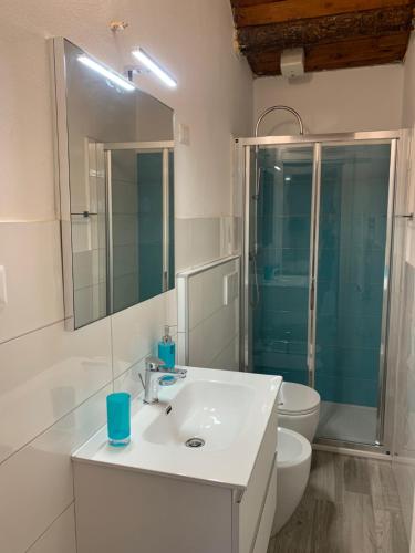 a bathroom with a sink and a toilet and a mirror at Appartamento La Serra di Angela a Lerici in Lerici