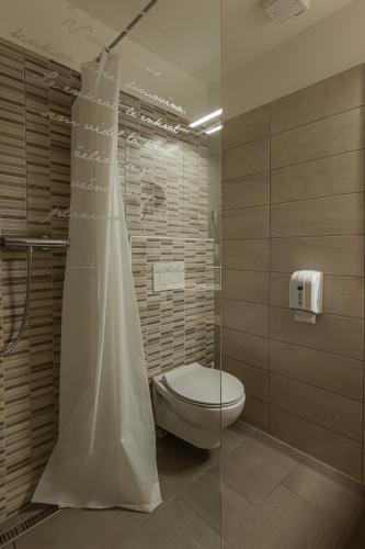 a bathroom with a toilet and a shower curtain at Boutique rooms Pri Rogovilcu in Solčava