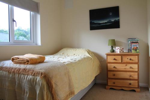 a bedroom with a bed and a dresser and a window at Llys y Coed in Brechfa