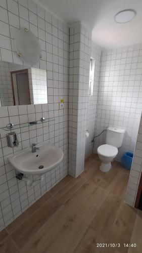 a bathroom with a sink and a toilet at Penzion U Rybníka in Mariánská