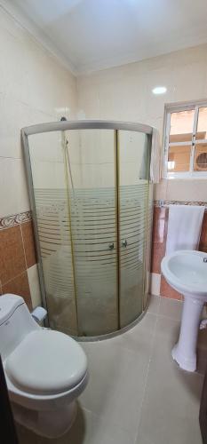 a bathroom with a shower and a toilet and a sink at The Rose in paradise I in Punta Cana